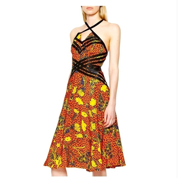 NWT French Connection Orange yellow floral Surf Island Silk Strappy Dress size 2 - Picture 1 of 14